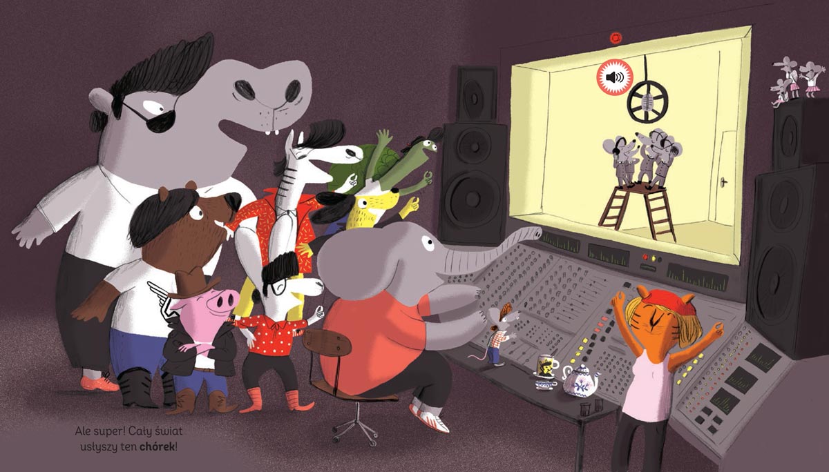 Książka dźwiękowa „Pakuś i rock”, ilustracja: nagranie w studiu, słoń przy konsoli, myszy śpiewają w chórku