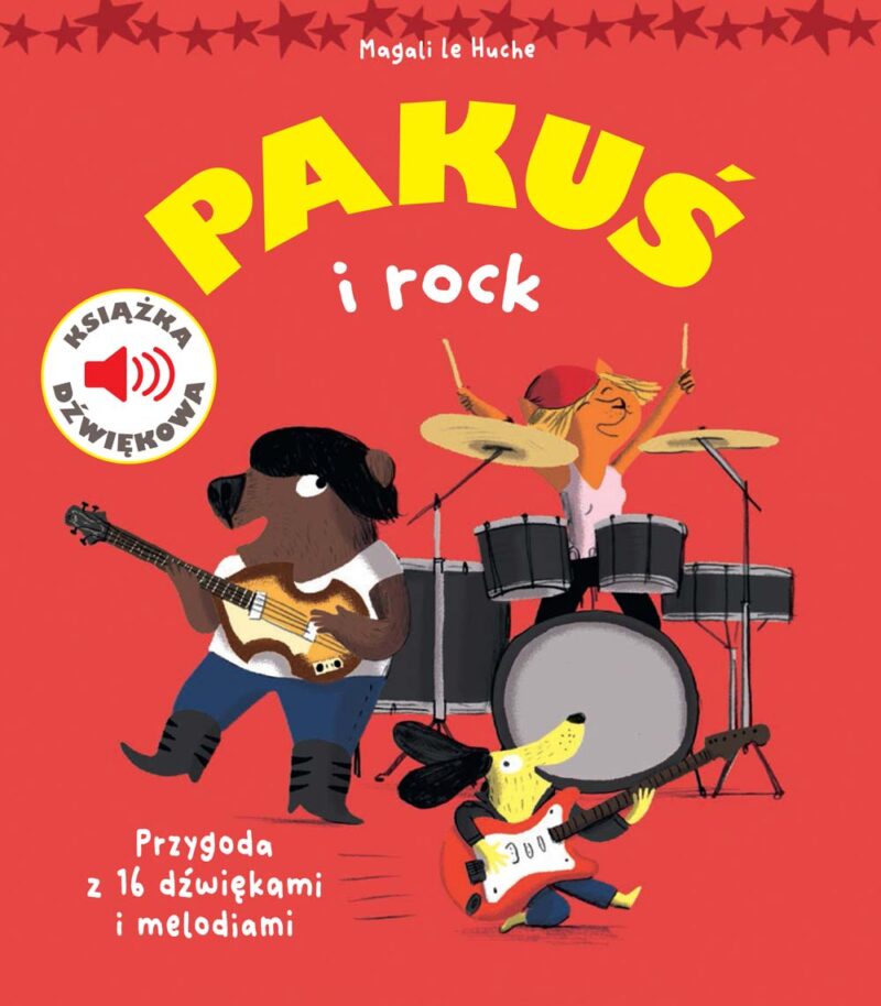 Książeczka dźwiękowa „Pakuś i rock” – na okładce Pakuś z gitarą elektryczną, miś z gitarą i kot uderzający w talerze perkusji